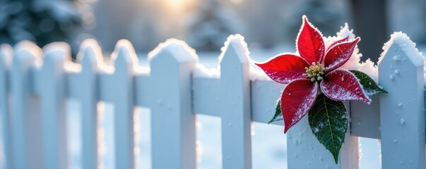 Fototapeta premium Frosty white fence with a single bright red poinsettia, frozen, red poinsettia, frosty