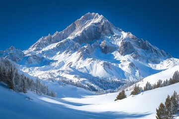 Naklejka premium Majestic Snow-Covered Mountain Peak Beneath a Tranquil Blue Sky in Winter Wonder
