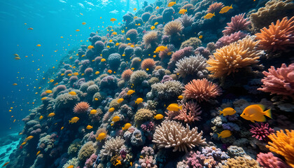 a dense coral reef teeming with marine life, vibrant fish and colorful coral formations under crystal
