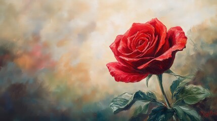 rose painting with a soft-focus background, featuring a deep red rose that stands out, symbolizing lasting love and affection for Valentine's Day.