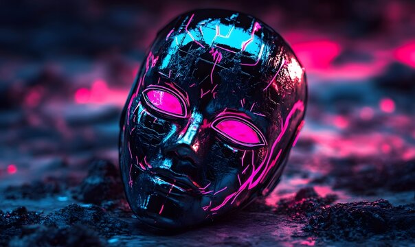 Cyberpunk mask rests on volcanic ground, neon glow