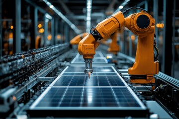 Energy-efficient solar panel manufacturing plant with robotic arms.