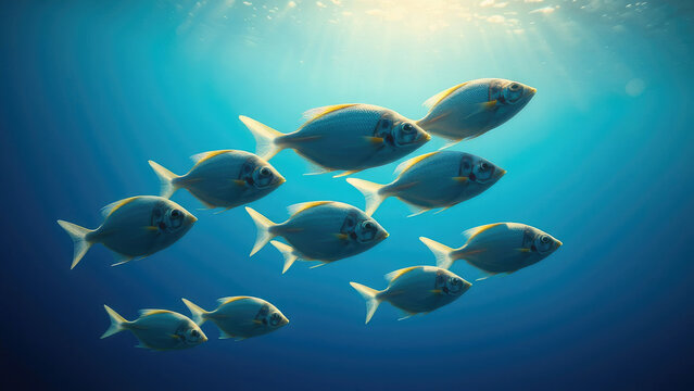 Small shoal of sargos or white seabream diplodus sargus, school of fish,  ocean creatures,  underwater world