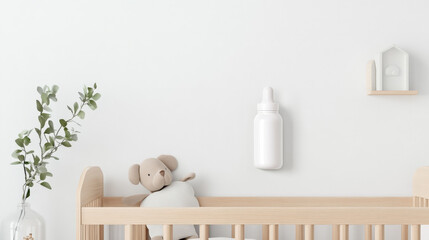 Neutral-toned nursery with a crib, a teddy bear, and a bottle on the wall. Soft, calming atmosphere.