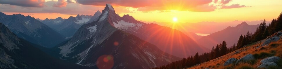 Mountain peaks and valleys bathed in golden sunrise, golden hour, sky, alpine
