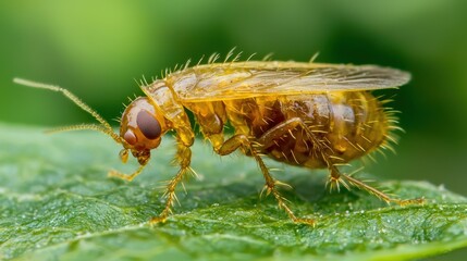 Close-Up of a Vibrant Yellow Insect on a Green Leaf Surface