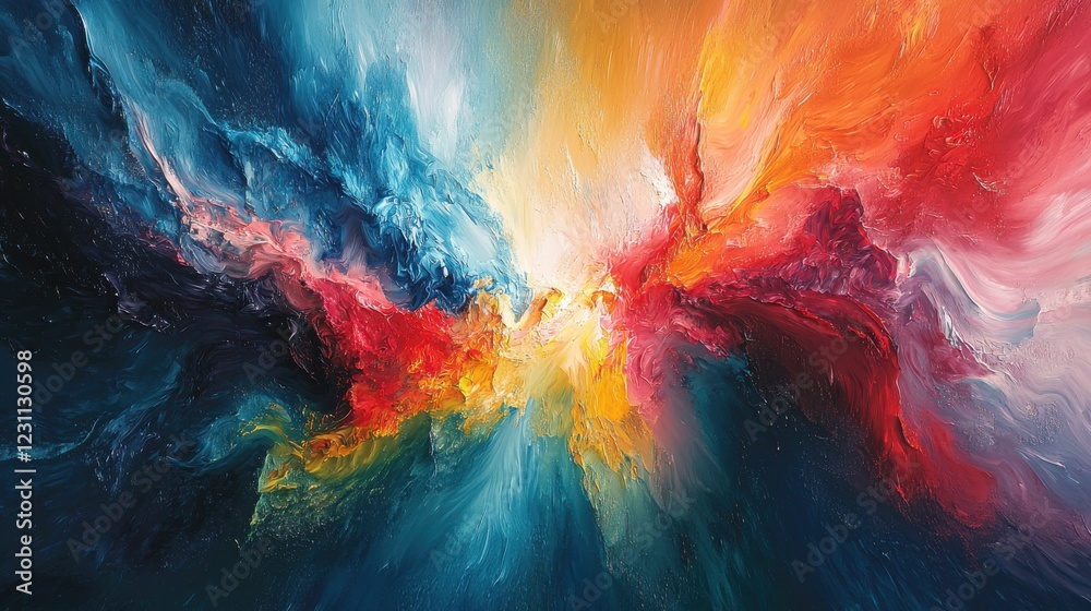Wall mural a painting of a colorful explosion in space with a blue and red swirl. generative ai