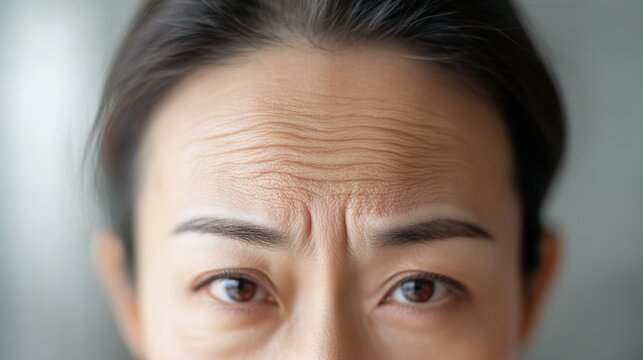 Asian woman with wrinkles on the forehead closeup photo blurred