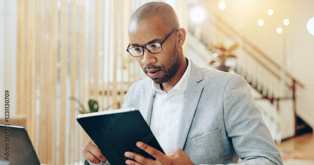 Poster research, online and black person with tablet, serious and app for user experience and web designer.