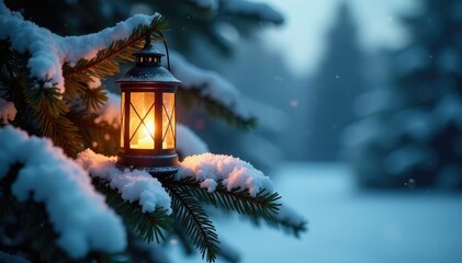 snow-covered fir branch with Christmas lantern atop, wintery evening, festive atmosphere, winter wonderland