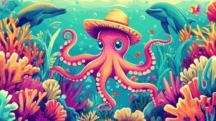 A cheerful octopus wearing a hat amidst vibrant coral reef