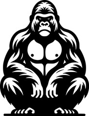 Obraz premium Tattoo of sullen gorilla sits and looks menacingly in monochrome. Monkey in threatening pose. Engraving minimalistic vector in black ink drawing on transparent background