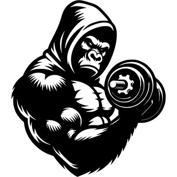 Tattoo of bodybuilder gorilla pumps biceps with dumbbells in monochrome. Weightlifter sports training. Engraving minimalistic vector in black ink drawing on transparent background