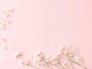Fototapeta premium Soft pastel pink background with scattered white flowers, botanicals, softbackground, homedecor