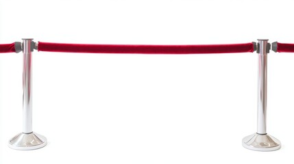 Silver barrier with red rope isolated on white background Red rope barrier with silver stanchions Velvet fence for entrance to cinema club theater and vip hall