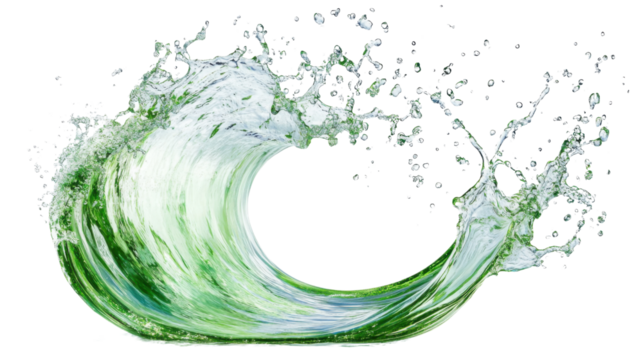 Green wave splashing and forming a circle with transparent background