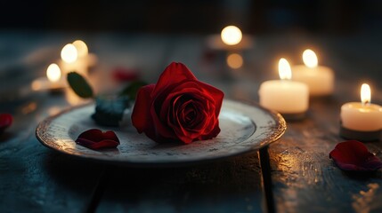 single red rose delicately placed on a dinner plate, surrounded by romantic candlelight, creating a loving atmosphere on Valentine