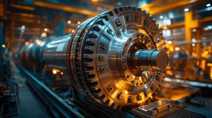 Giant hydroelectric turbine assembly plant with engineers at work.