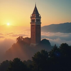 Torre del Mangia at dawn with misty atmosphere, italian bell tower, golden light