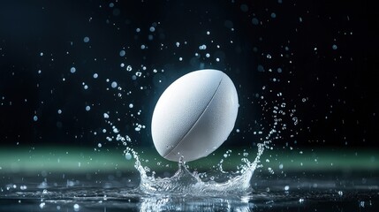 A white rugby ball is floating in a pool of water