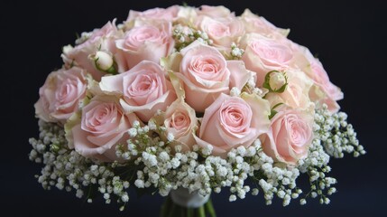 Obraz premium Bouquet of delicate pink roses and white gypsophila Image with selective focus