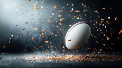A white rugby ball is flying through the air, surrounded by confetti