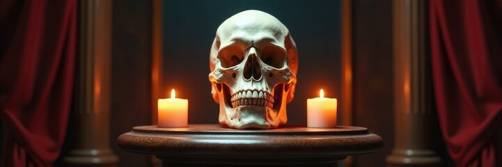 Obraz premium A skull is placed on top of a wooden pedestal with candles surrounding it, regal, pedestal