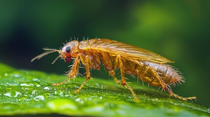 Close-Up of Golden Insect on Dewy Green Leaf in Nature Environment