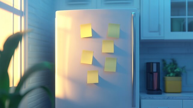Kitchen fridge notes, morning sunlight, plants, reminder