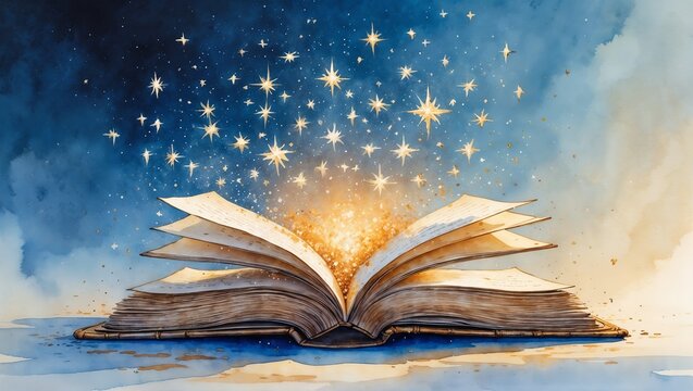 Magical open book with glowing stars watercolor