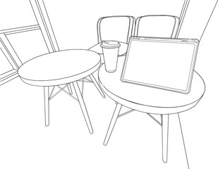 Line drawing of a table, chairs, tablet and coffee cup placed on a round table in a cafe.