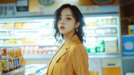 Gorgeous Korean beautiful woman wearing an beautiful golden color stripe suits, stands close at the modern grocery store's drink counter,