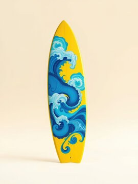 Quirky yellow surfboard with bold blue patterns on white backdrop, custom surfboard, artsy, surf graphic, summer essentials