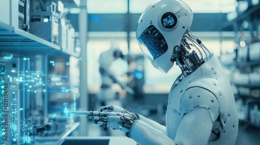 Poster futuristic robot working in high-tech laboratory environment