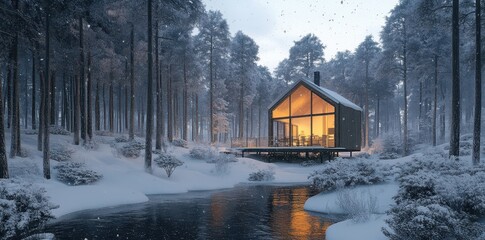Illuminated Modern Cabin Nestled In A Snowy Winter Forest