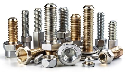 Close-up of Various Metal Bolts Isolated on White Background - High-Resolution Stock Photo