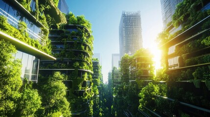Modern Eco-Friendly City With Lush Green Architecture at Sunrise