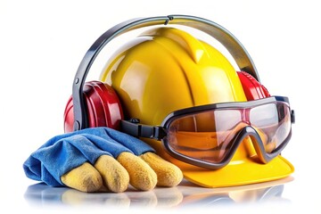 Construction Safety Gear: Hard Hat, Gloves, Goggles & Earmuffs - Isolated on White Background