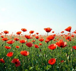 Fototapeta premium Red poppies add a pop of color to a sea of green, red, meadow scene, green