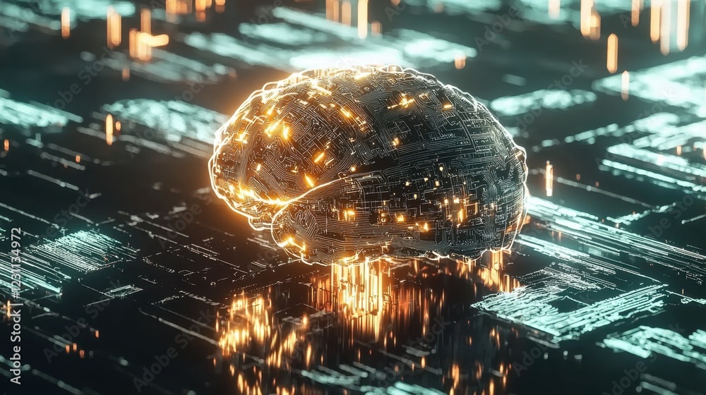 Poster futuristic digital brain with glowing circuit patterns and data flow