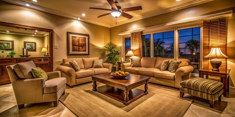 Cozy Living Room Night Photography: Two Couches, Ceiling Fan, Warm Lighting