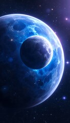 Vibrant Cosmic Landscape Featuring a Radiant Nebula and the Bright Moon Surrounded by Stars