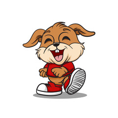 vector mascot rabbit laughing, wearing clothes and shoes, and isolated on a white background