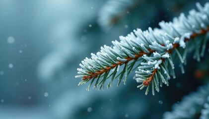 Frosty pine branches with delicate snowflakes, frosty pine, snowflakes