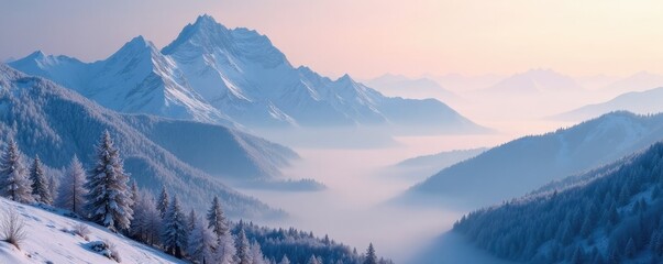 Frosty mountain landscape with mist and misty air, misty, mountain