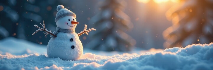 Frosty snowman with golden lights on a snowy hill, cold climate, golden lights, snappy snow