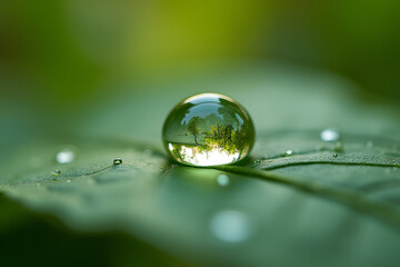 Microcosm in a water drop, Macro water droplet on leaf, miniature landscape reflection, highly detailed, realistic, blurred bokeh background.
