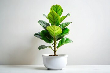 Fiddle Leaf Fig in White Pot, Isolated on White Background - Stock Photo
