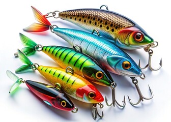 Five Realistic Artificial Fishing Lures Isolated on White Background - Stock Photo