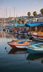 Fototapeta premium Row of bright and colorful pleasure river boats along the marina, river boats, leisure